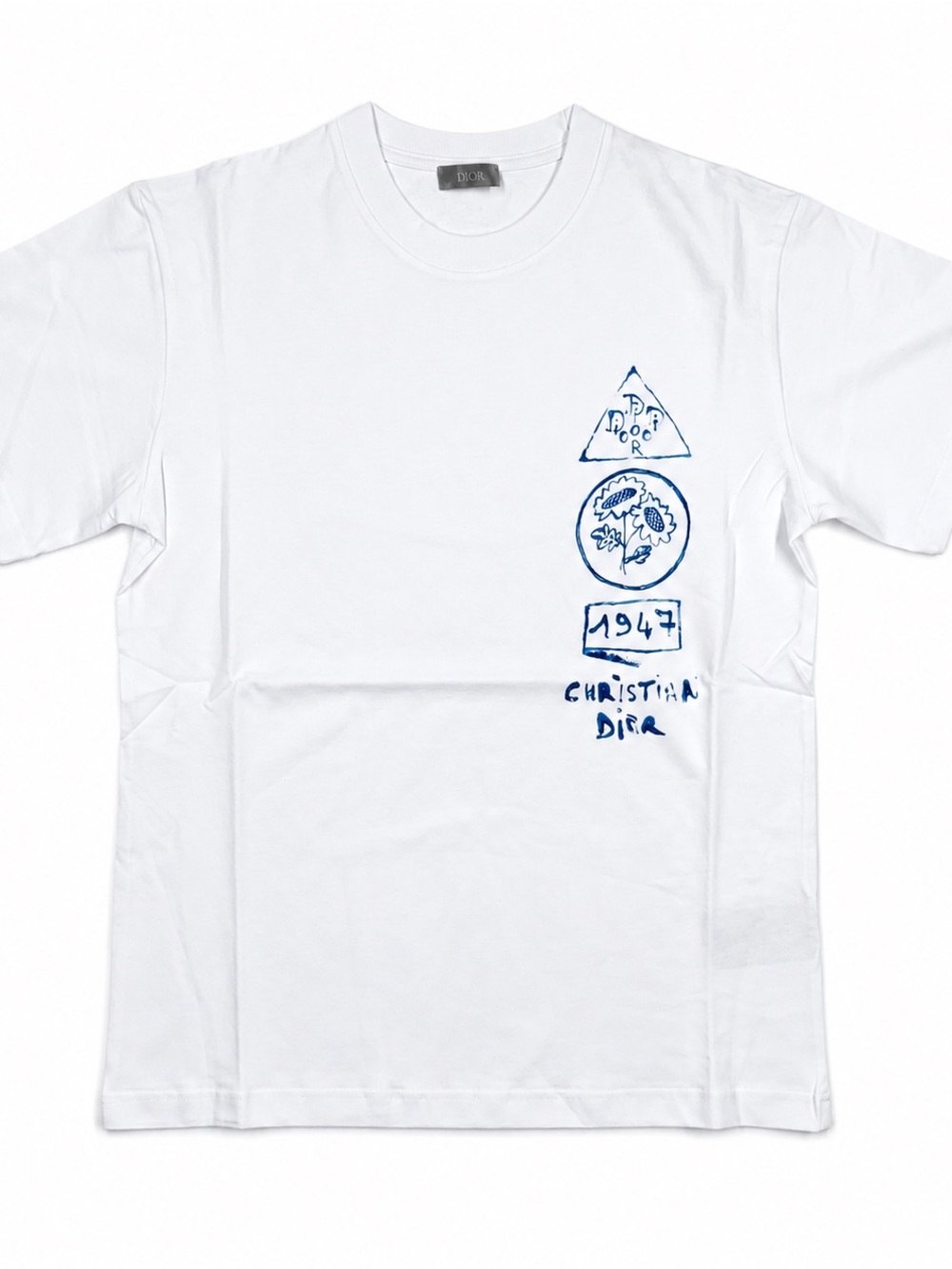 Dior White Short-Sleeve Tee with Blue Sketch Motif